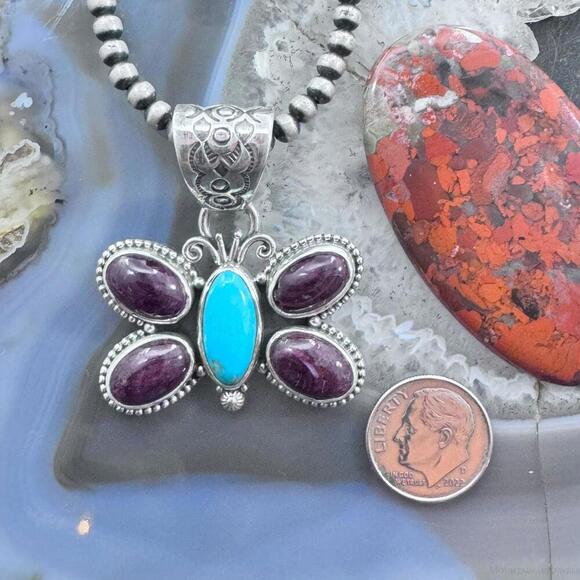 Native American Sterling Turquoise & Spiny Oyster Butterfly Pendant For Women - Picture 8 of 10